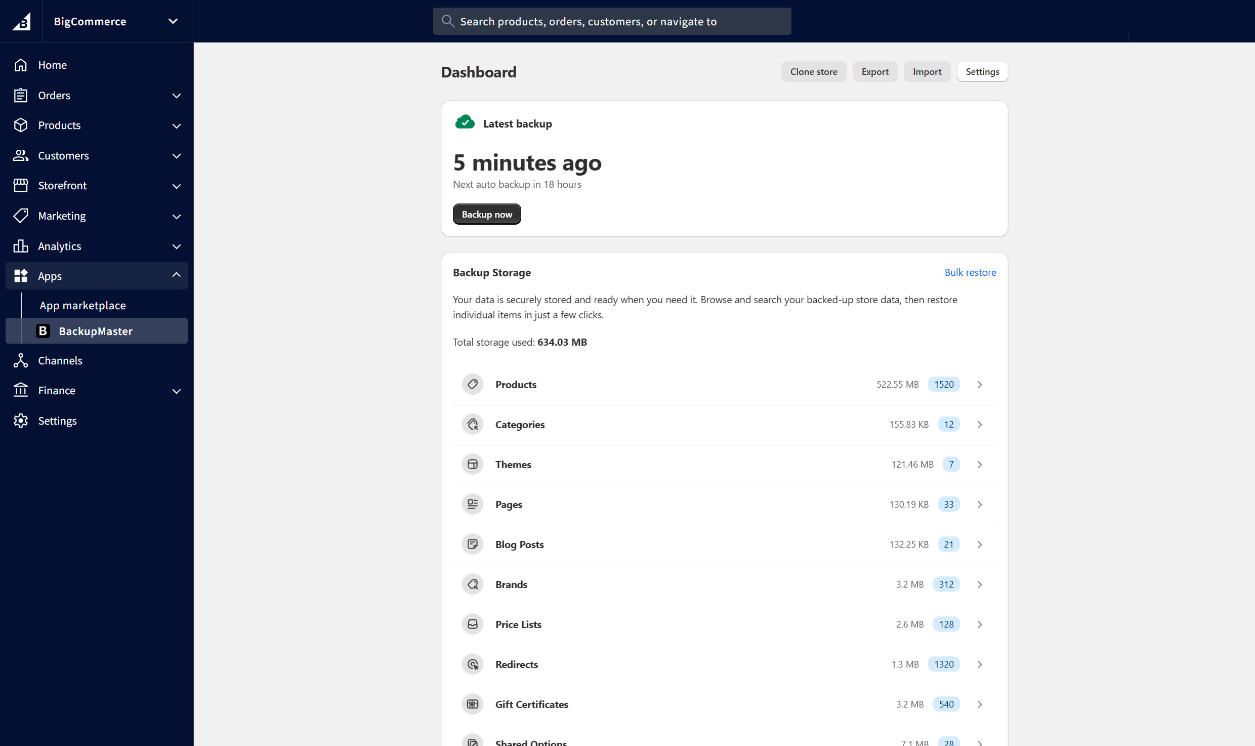 BackupMaster Backups running inside the BigCommerce admin, showing latest backup time and storage breakdown by data type