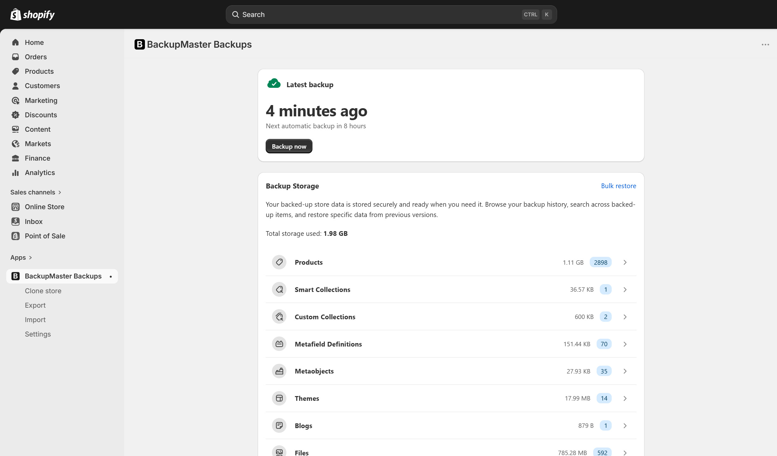 BackupMaster Backups running inside the Shopify admin, showing latest backup time and storage breakdown by data type