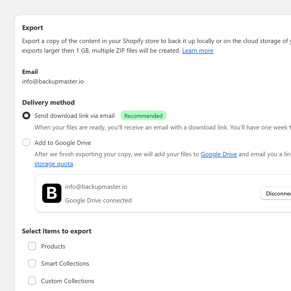 BackupMaster export configuration with Google Drive and email delivery options