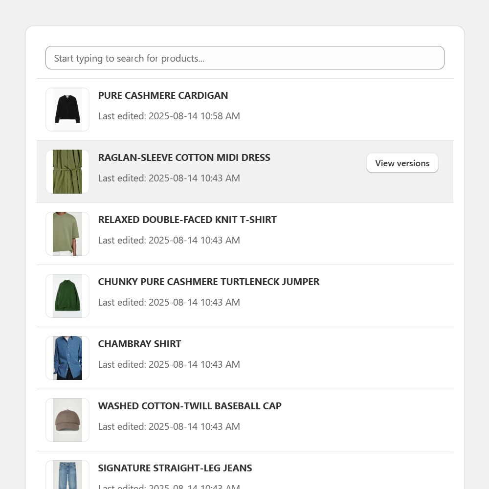 BackupMaster product list showing every backed-up product with last-edited timestamps