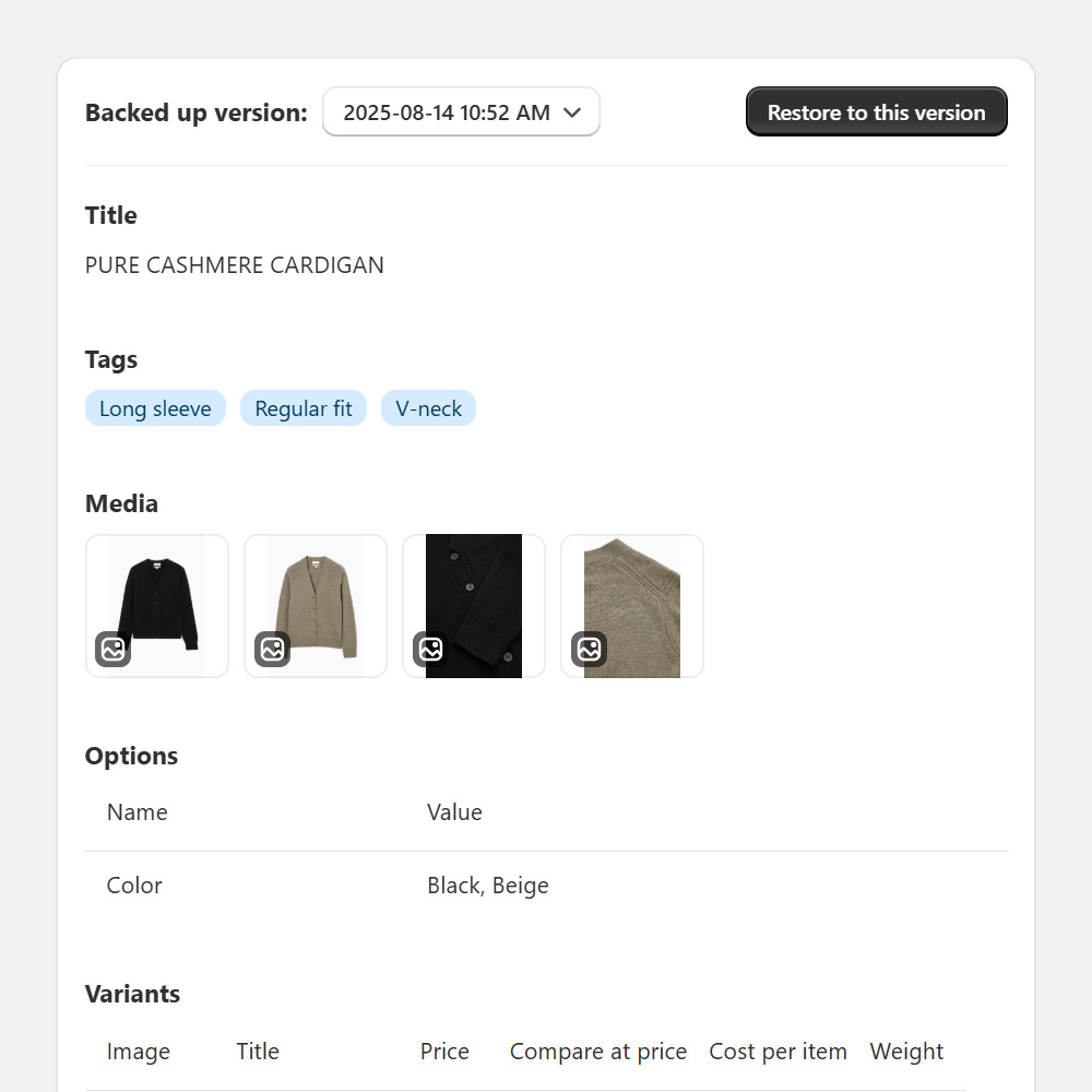 BackupMaster product version view with version dropdown and restore action