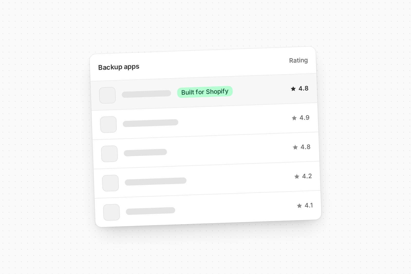 Stylized list of Shopify backup apps with star ratings, top row highlighted