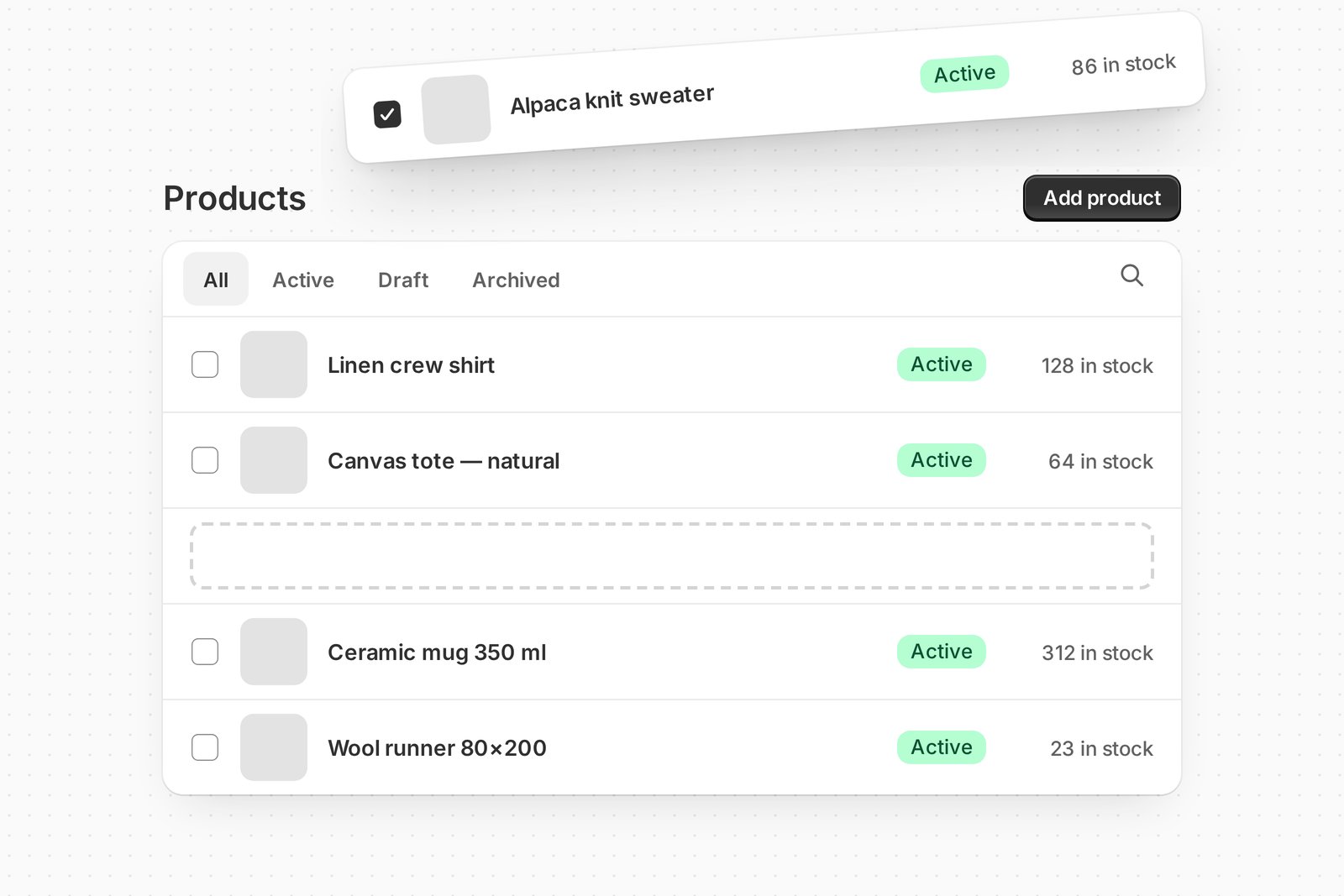 Stylized Shopify admin products list with one product row lifted out as a restorable copy